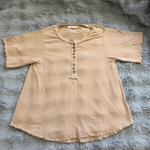 Hope Avenue Womens Tan Henley Short Sleeve Top Raw Hem Beige Size L